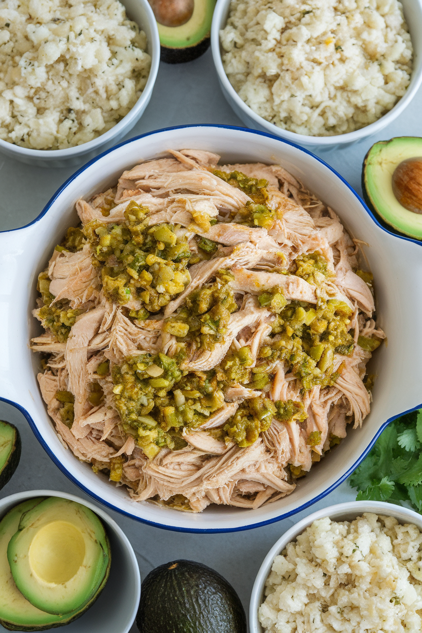 Indoor photo of shredded chicken mixed with green salsa in a white serving dish, surrounded by bowls of cauliflower rice and sliced avocado. No text or logos.