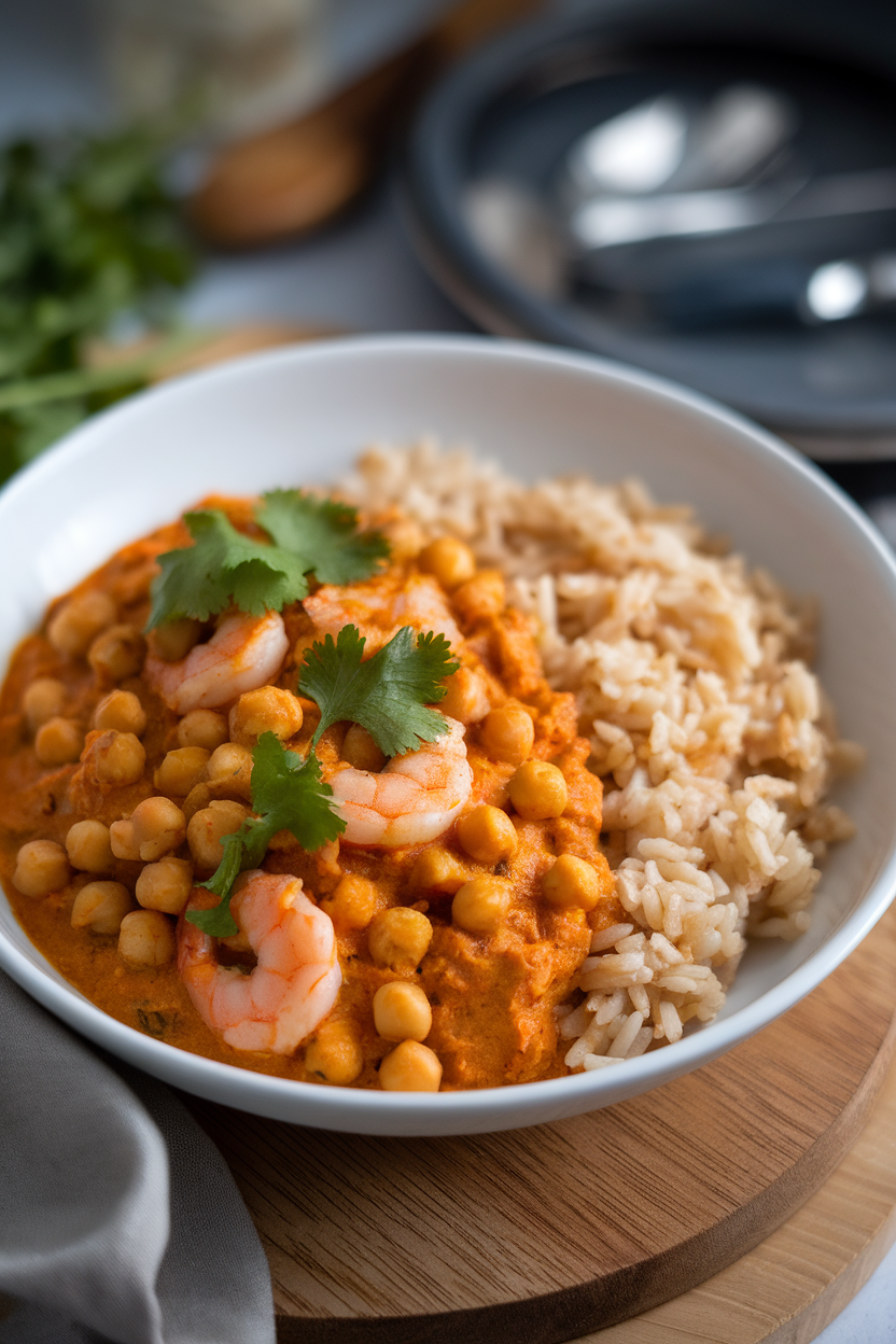 Indoor bowl photo of golden curry with chickpeas and cooked shrimp, served alongside brown basmati rice; soft top light, no text or logos.