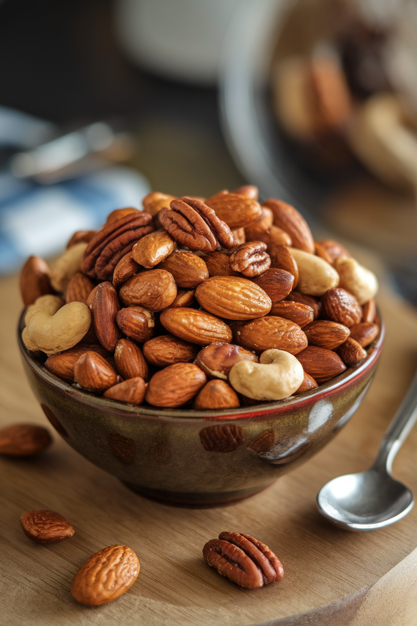 Indoor photo of a bowl of mixed nuts coated in shiny spice glaze, small serving spoon included; no text or logos
