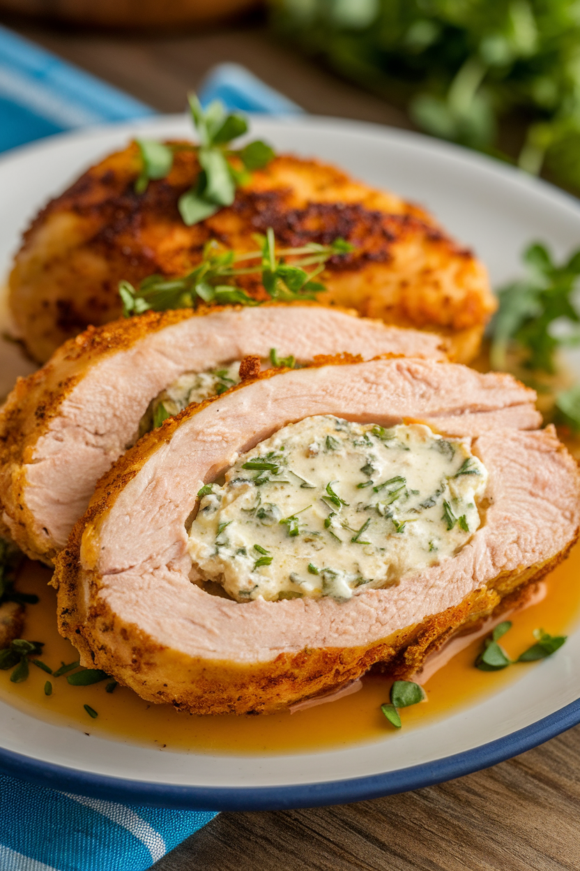 Indoor dish with air-fried chicken breast sliced open to reveal creamy herb goat cheese filling, shot close-up. No text or logos.