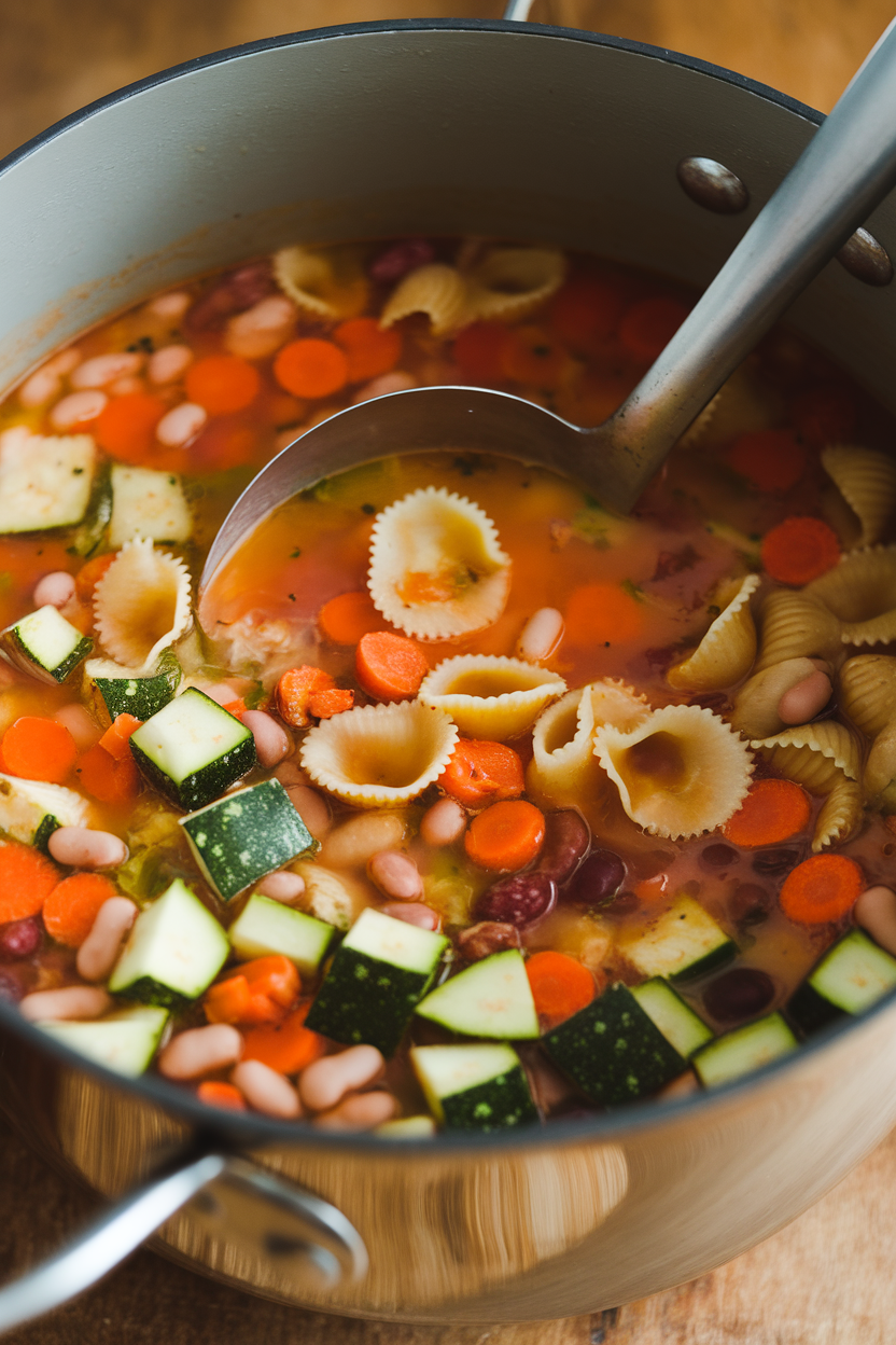 An indoor pot of vibrant minestrone soup with visible diced zucchini, carrots, beans, and whole-wheat pasta shells, ladle resting on the rim. No branding or text.