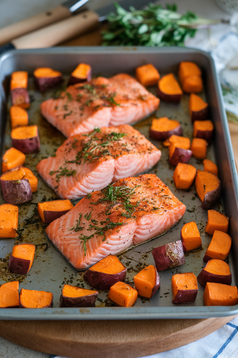 An indoor baking tray holding cooked salmon fillets and roasted sweet potato cubes sprinkled with fresh herbs. No logos or text visible.