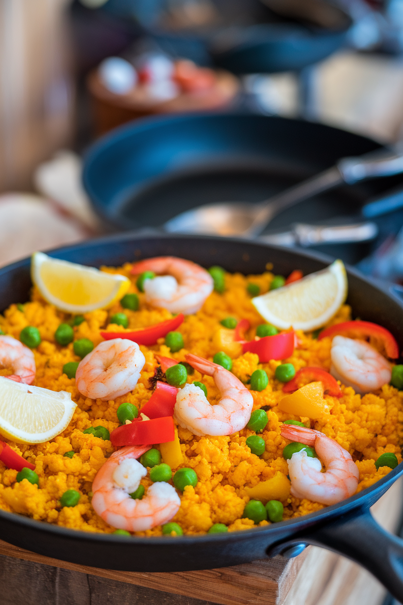 Indoor photo of a shallow skillet filled with saffron-yellow cauliflower rice, peas, bell peppers, and shrimp, garnished with lemon wedges; side light, no text or logos