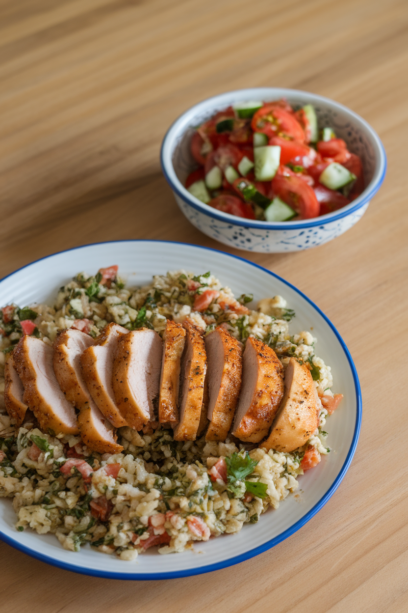 Indoor plate featuring sliced spiced chicken, tomato-cucumber salad, and cauliflower rice tabbouleh. No text or logos. Photo, not illustration.