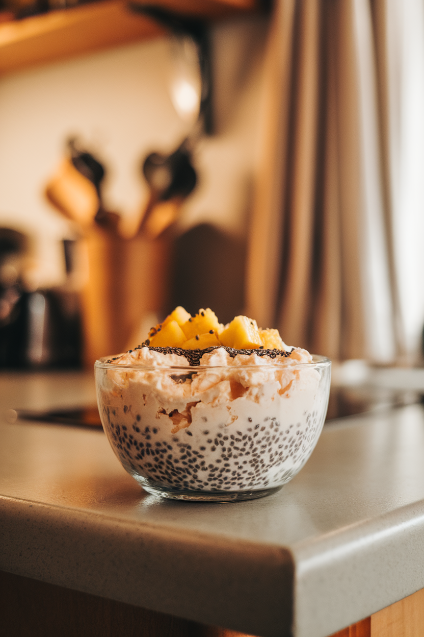 A glass bowl of cottage cheese topped with pineapple chunks and chia seeds on a kitchen island indoors; no text or logos; photo