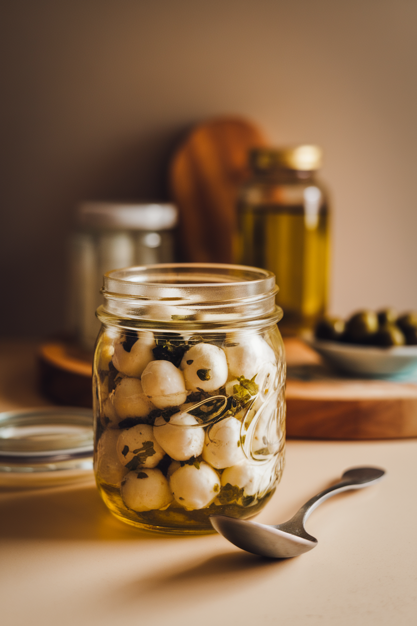 Indoor photo of a glass jar filled with mozzarella pearls, herbs, and olive oil, spoon resting beside. No text or logos.