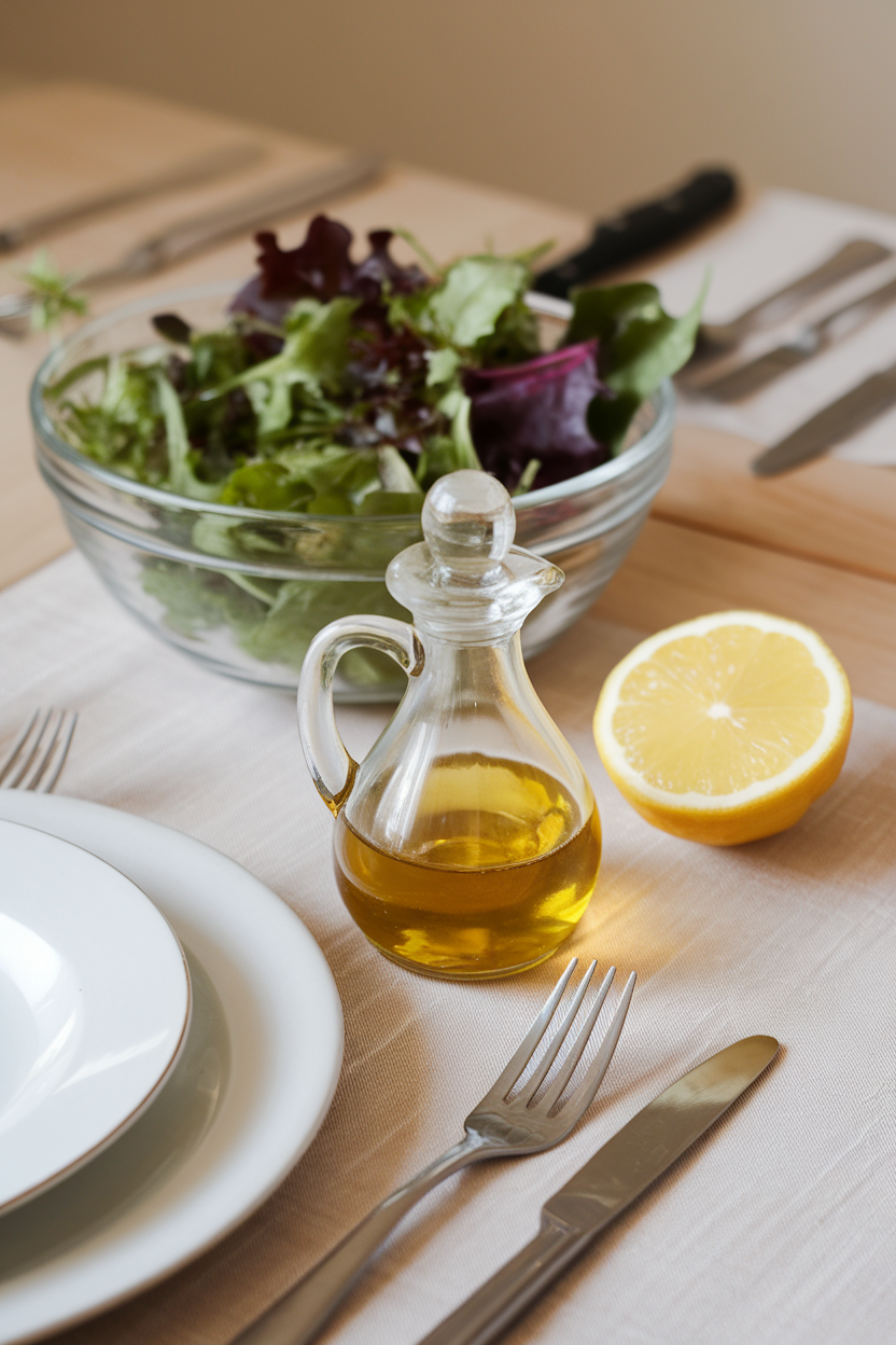 A dining table scene with a small glass cruet of olive oil, a sliced lemon, and a bowl of mixed greens. No text or logos. Photo.