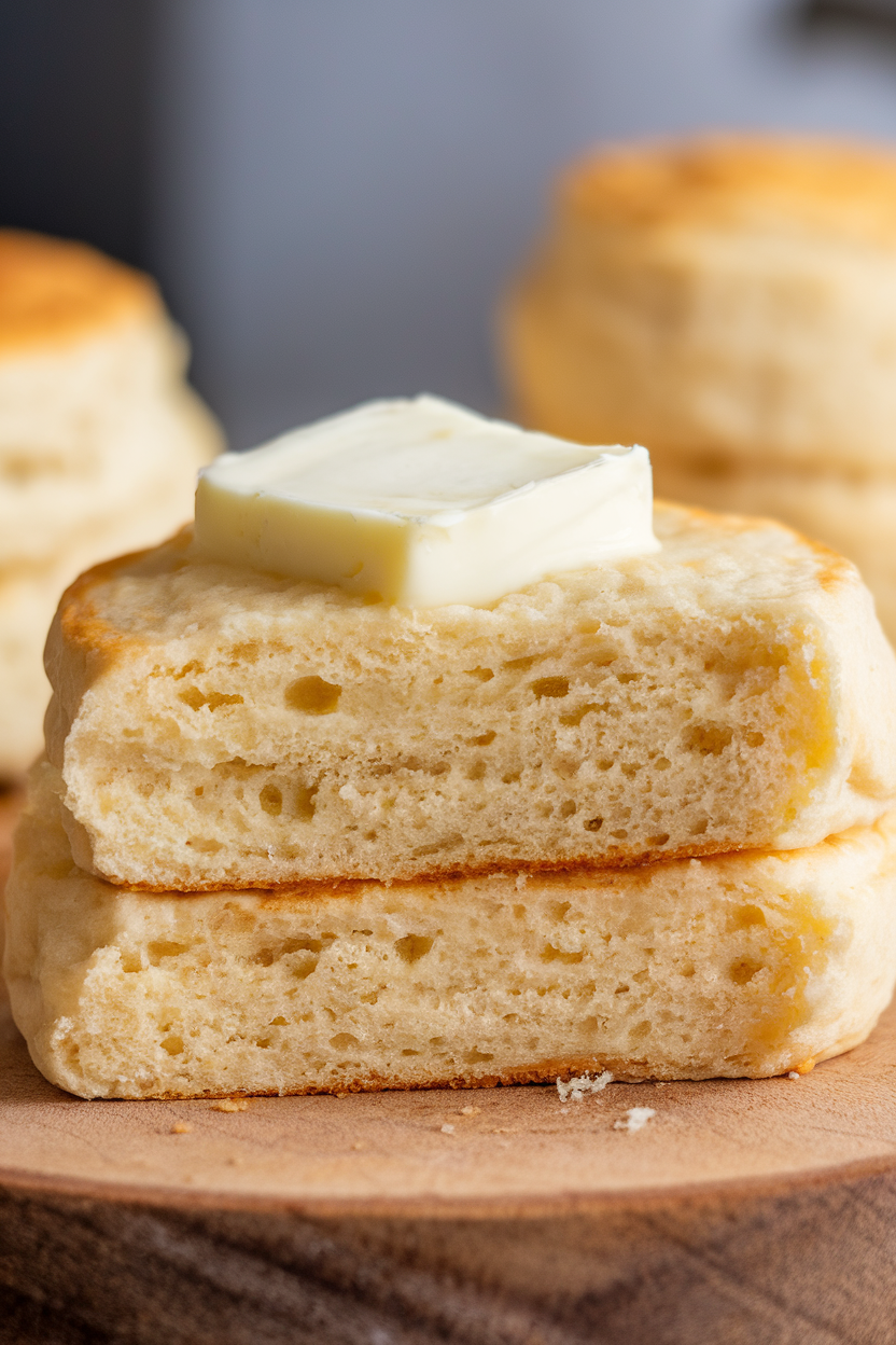 Indoor photo of split buttermilk biscuits showing layers, pat of butter melting, no text or logos.