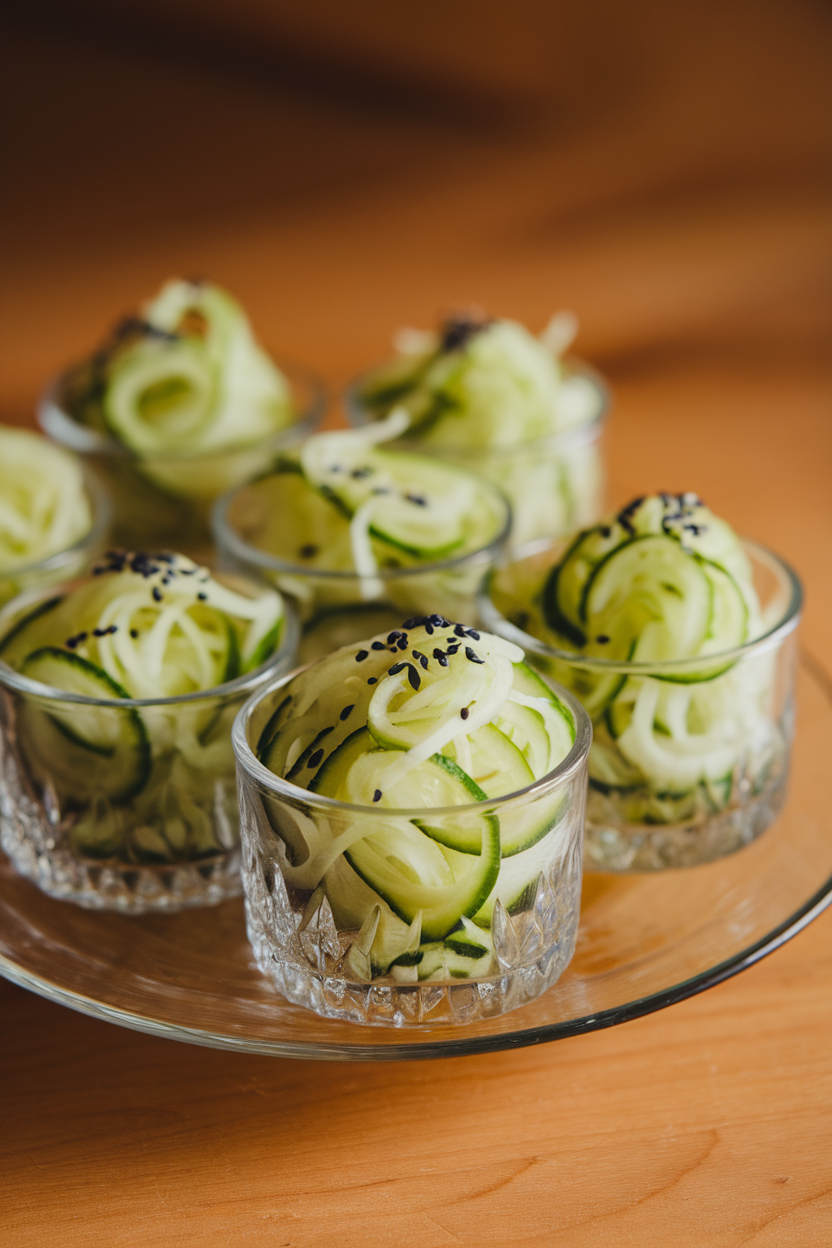 Indoor photo of small glass cups filled with spiralized cucumber tossed in sesame dressing, topped with black sesame seeds. No branding or text.