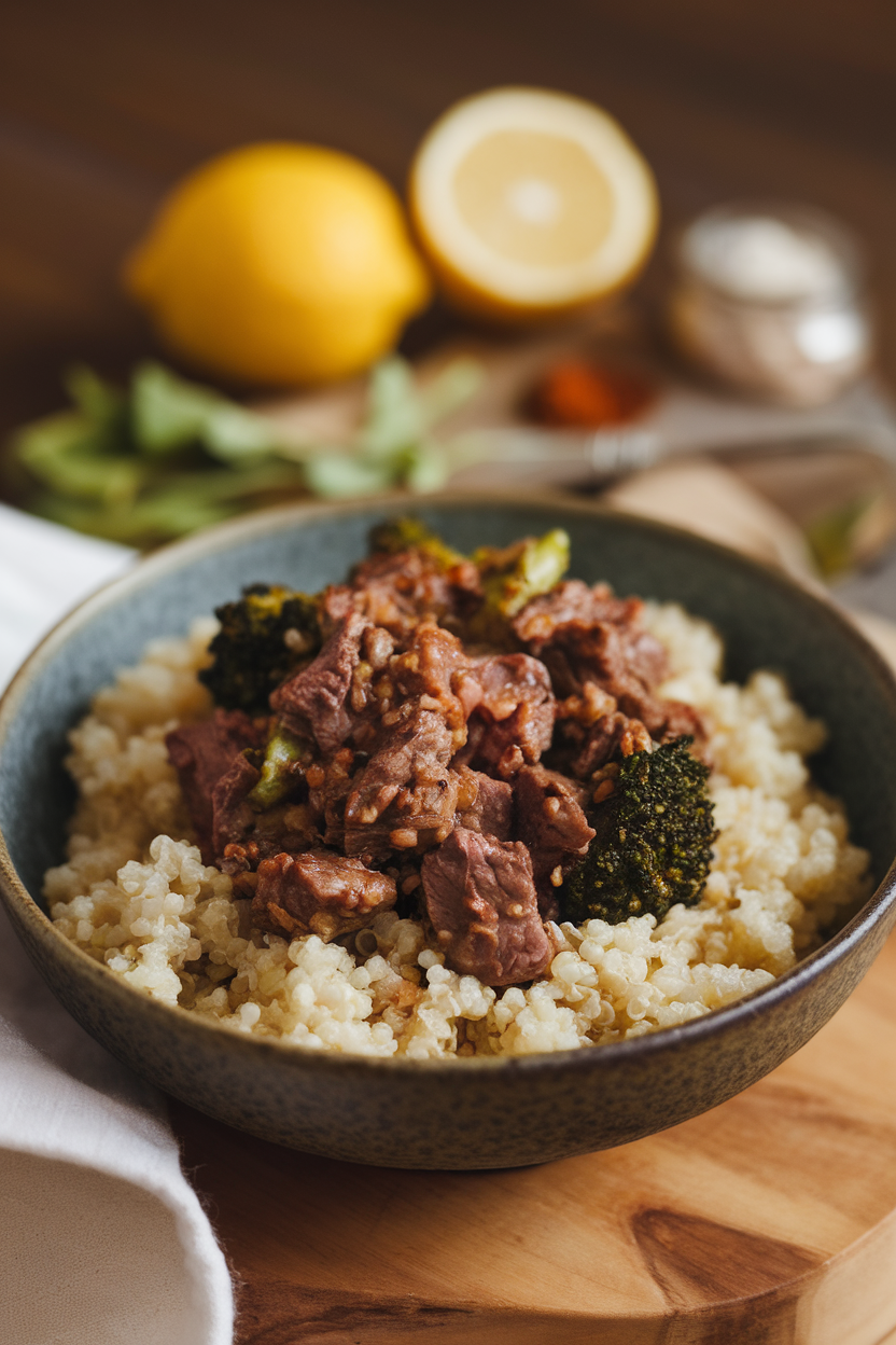 Indoor bowl of fluffy quinoa topped with beef-broccoli mix, sesame seeds sprinkled on top—no text or logos.