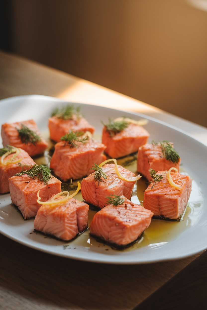 An indoor dining table set with a white platter of bite-sized roasted salmon cubes topped with chopped dill and thin lemon zest strips. Warm overhead lighting highlights the flaky, fully cooked fish and glossy olive oil drizzle. The background is softly blurred, and no text or logos appear in the scene. Photo only.