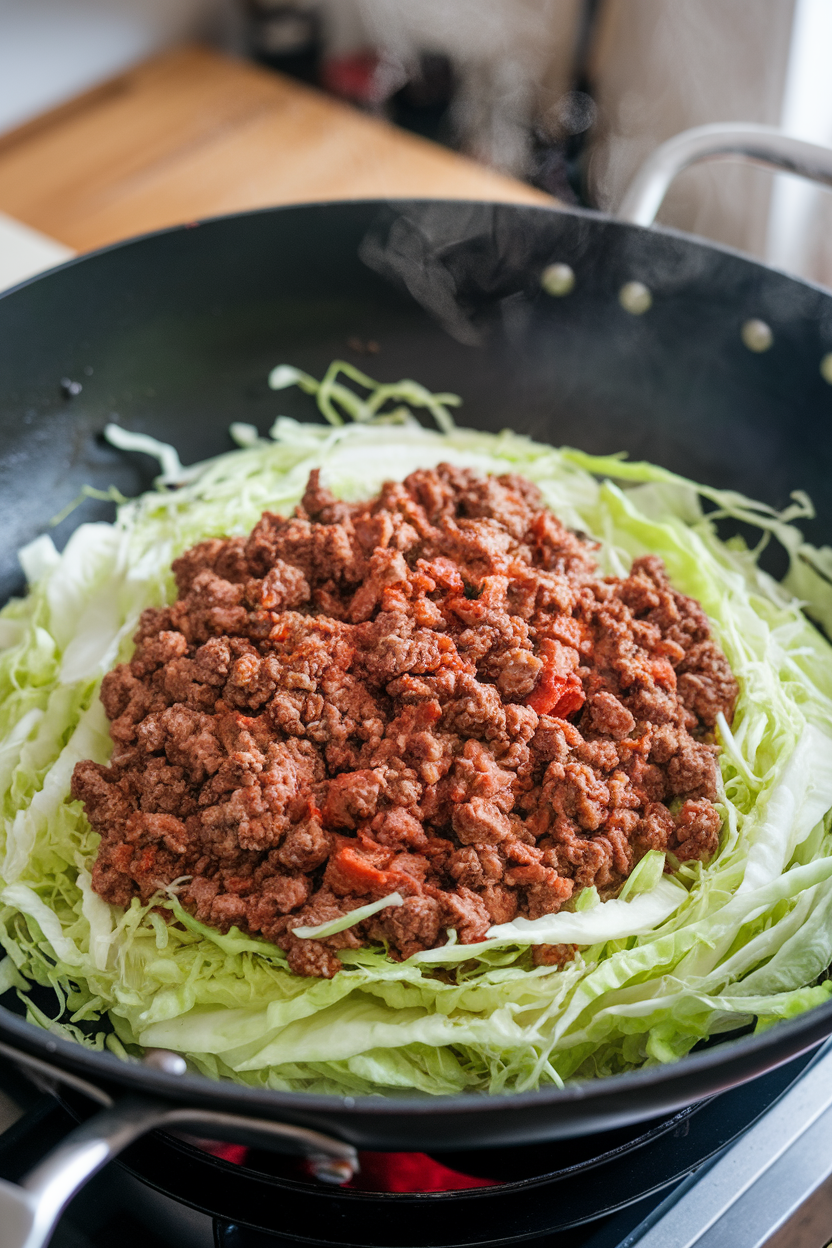 Indoor wok filled with shredded cabbage, ground beef, and soy-ginger sauce, steam rising. No text or logos. Photo, not illustration.