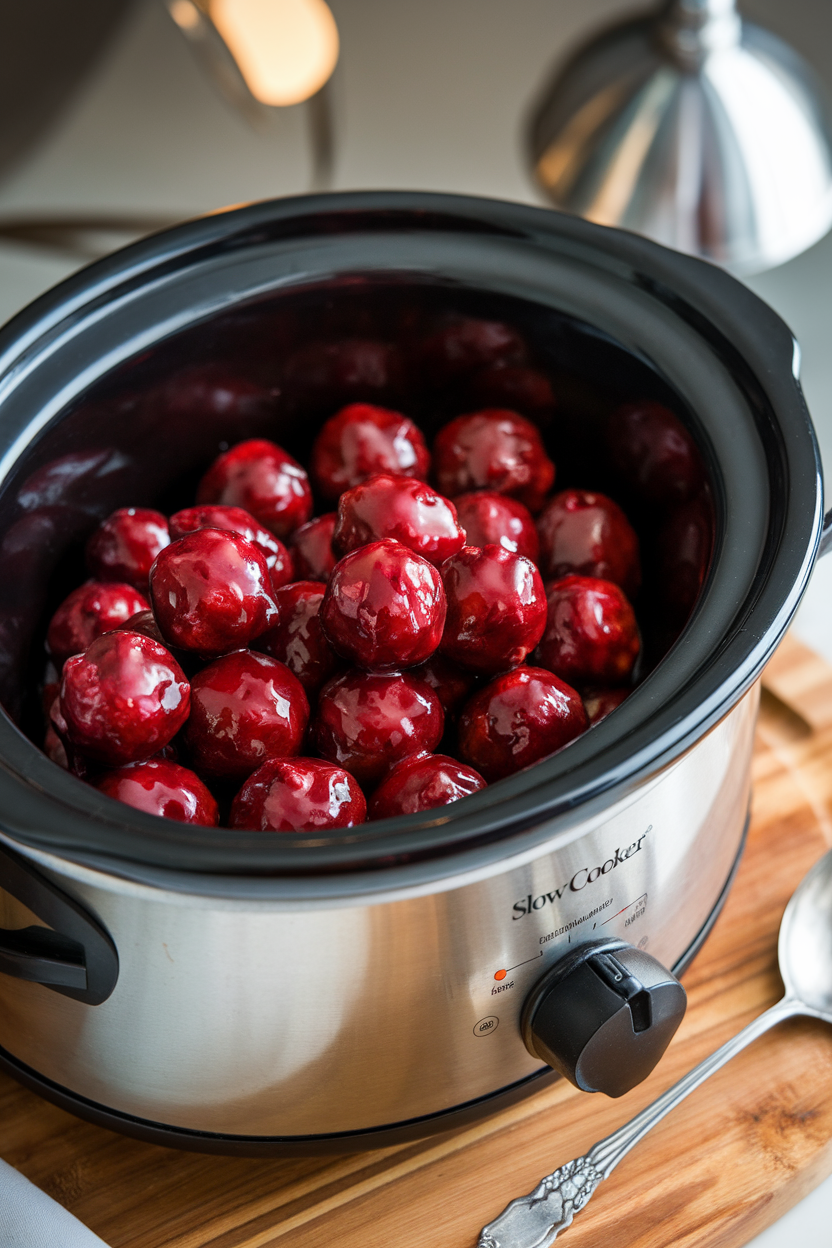 An indoor slow cooker filled with glossy cocktail meatballs coated in deep-red cranberry glaze, serving spoon ready, no text or logos.