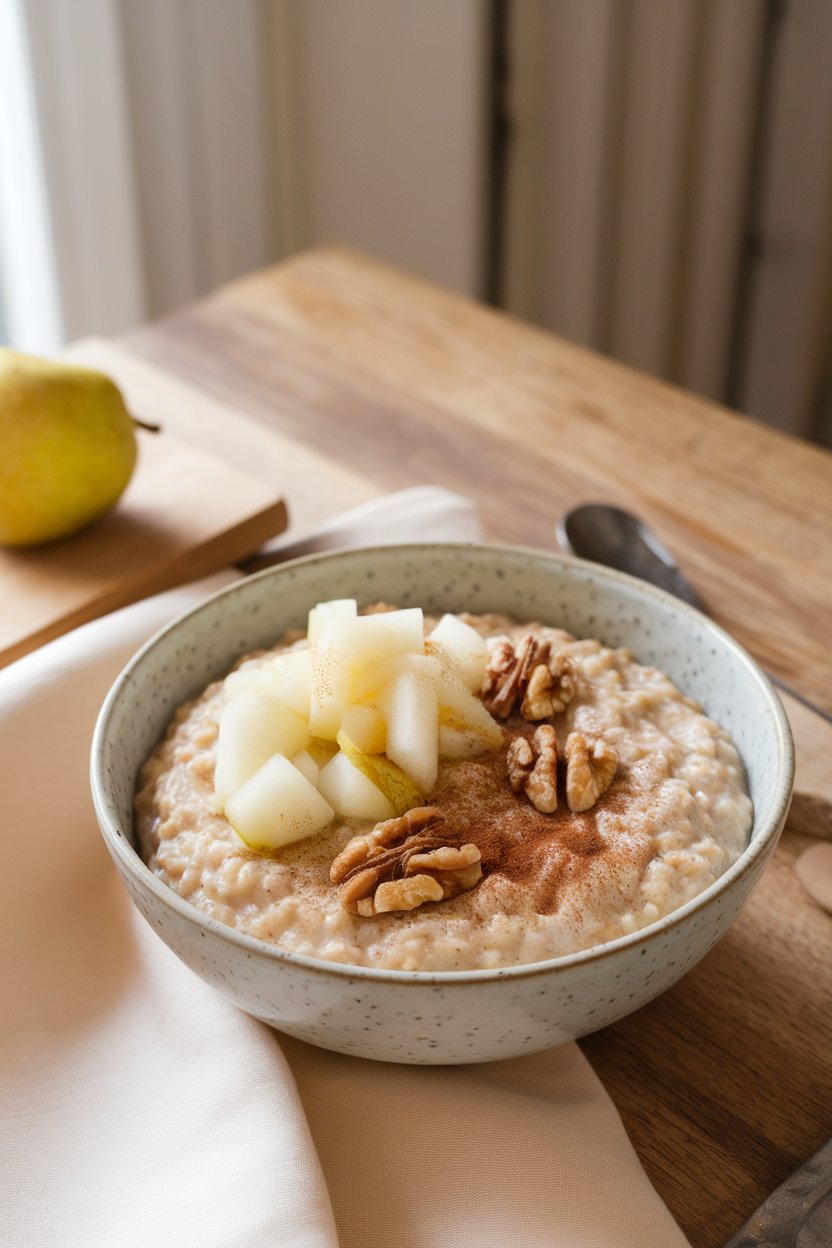 Indoor farmhouse table showing a bowl of oatmeal with diced pear, walnut halves, and a sprinkle of cinnamon. No text or logos. Photo.
