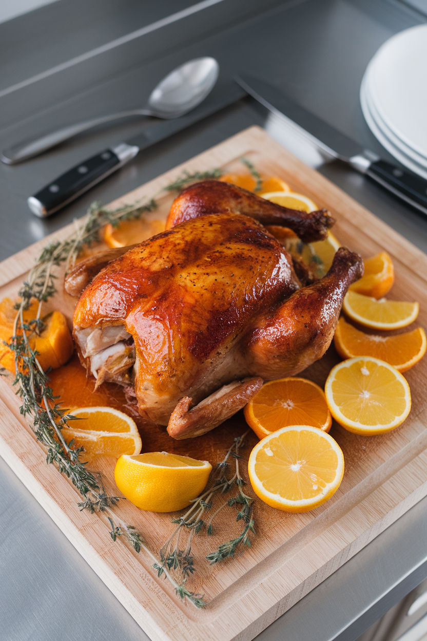 An indoor kitchen counter scene featuring a roast chicken resting on a carving board, skin lacquered and dotted with orange and lemon slices, fresh thyme scattered around. No visible text or logos. Photo only.