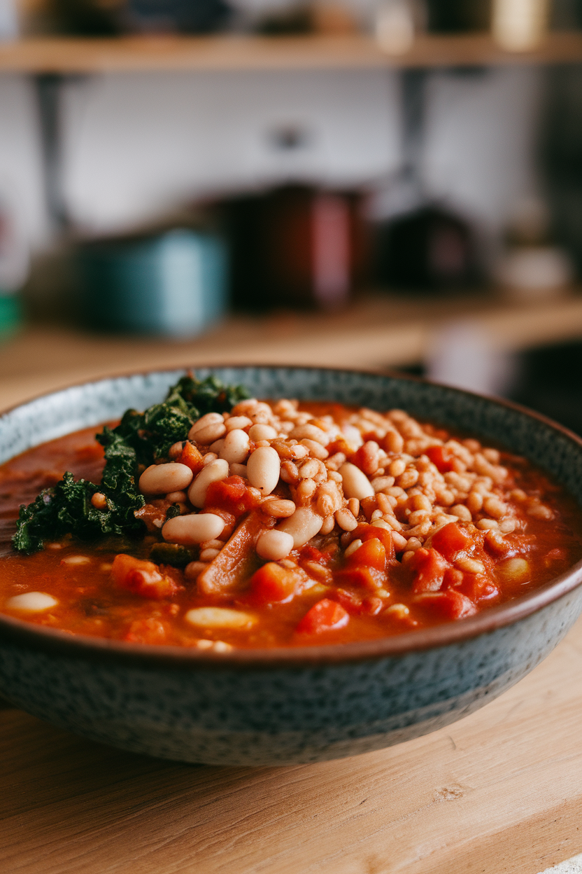 Indoor photo of hearty white bean tomato stew, farro, and sauteed kale on a bowl. No text or logos.