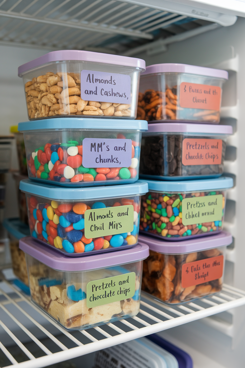 Photo of small indoor reusable containers filled with measured trail mix stacked neatly on a fridge shelf. No text or logos.