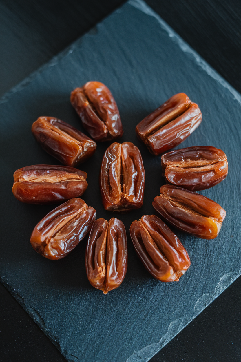 Indoor photo of glossy Medjool dates split open on a slate board showing sticky interior; no text or logos