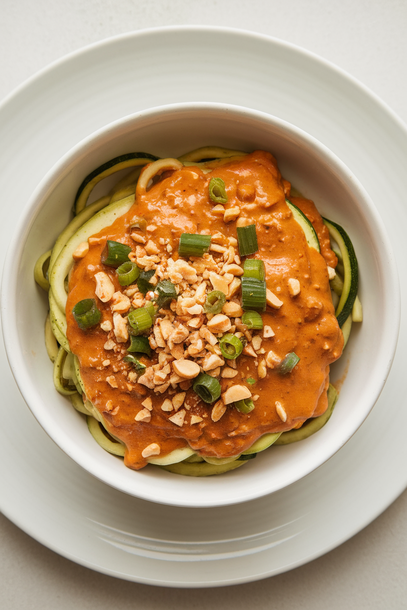 Indoor bowl of zucchini noodles coated in spicy peanut sauce, topped with crushed peanuts and scallions. No text or logos. Photo, not illustration.
