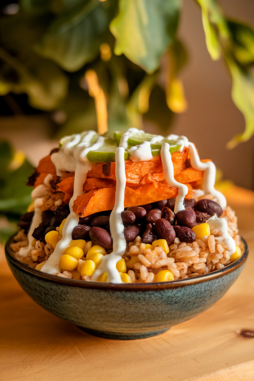 Photo of a bowl layered with roasted sweet potatoes, black beans, brown rice, and corn, drizzled with lime crema, indoors. No text or logos. Photo, not illustration.