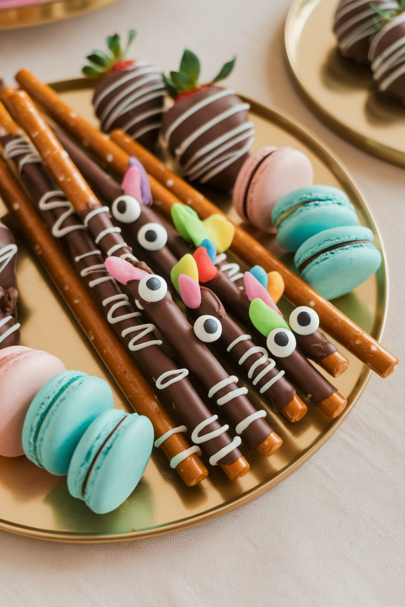 An indoor dessert tray displaying pretzel rods dipped in chocolate, decorated with candy eyes and colorful candy coating “feathers.” Photo, no text or logos.