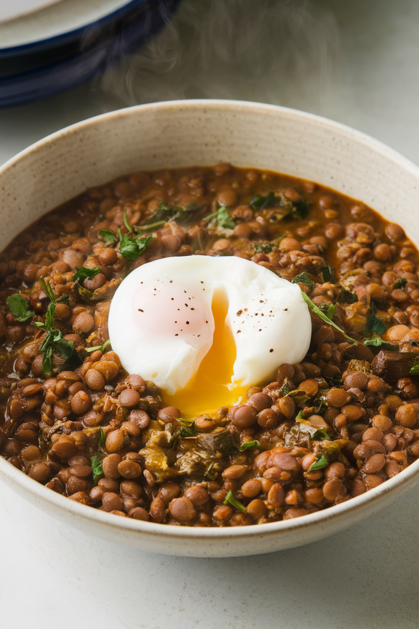 Indoor bowl of thick brown lentil stew with a perfectly poached egg resting on top, steam visible. No text or logos.