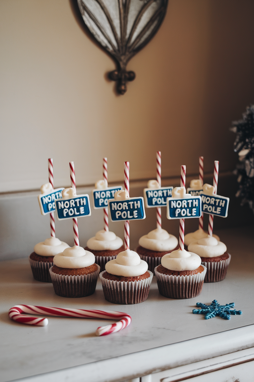 Photo of indoor kitchen counter with cupcakes topped by striped candy-cane sticks holding tiny white chocolate “North Pole” placards, no text or logos.