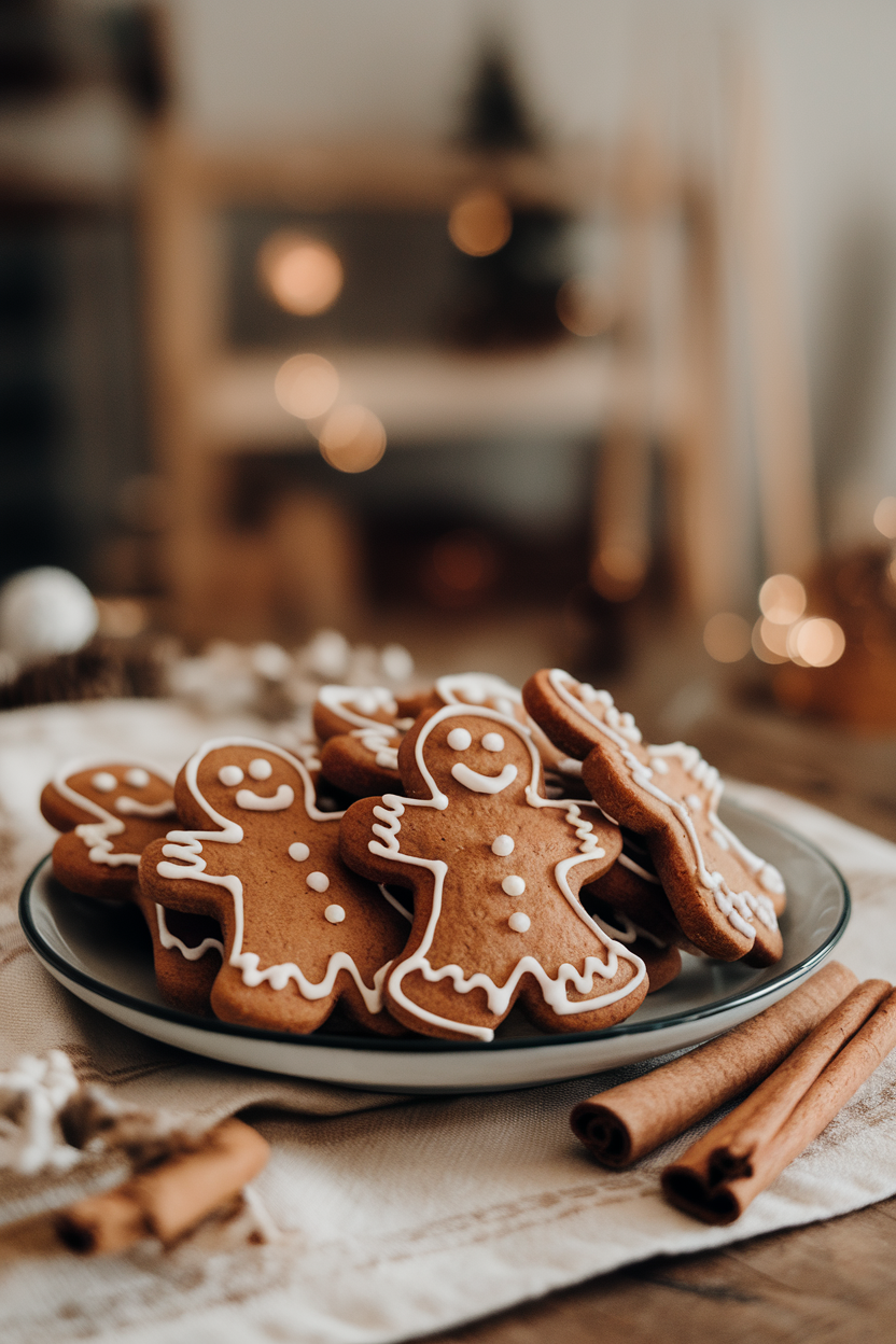 A plate of gingerbread men cookies with piped white icing details, set on a cozy indoor wooden table beside cinnamon sticks; no text or logos. Photo, not illustration.