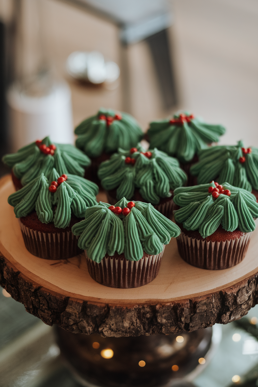 Photo of indoor wooden board with cupcakes decorated with long piped green frosting strands resembling pine needles, small red pearl dots, no text or logos.