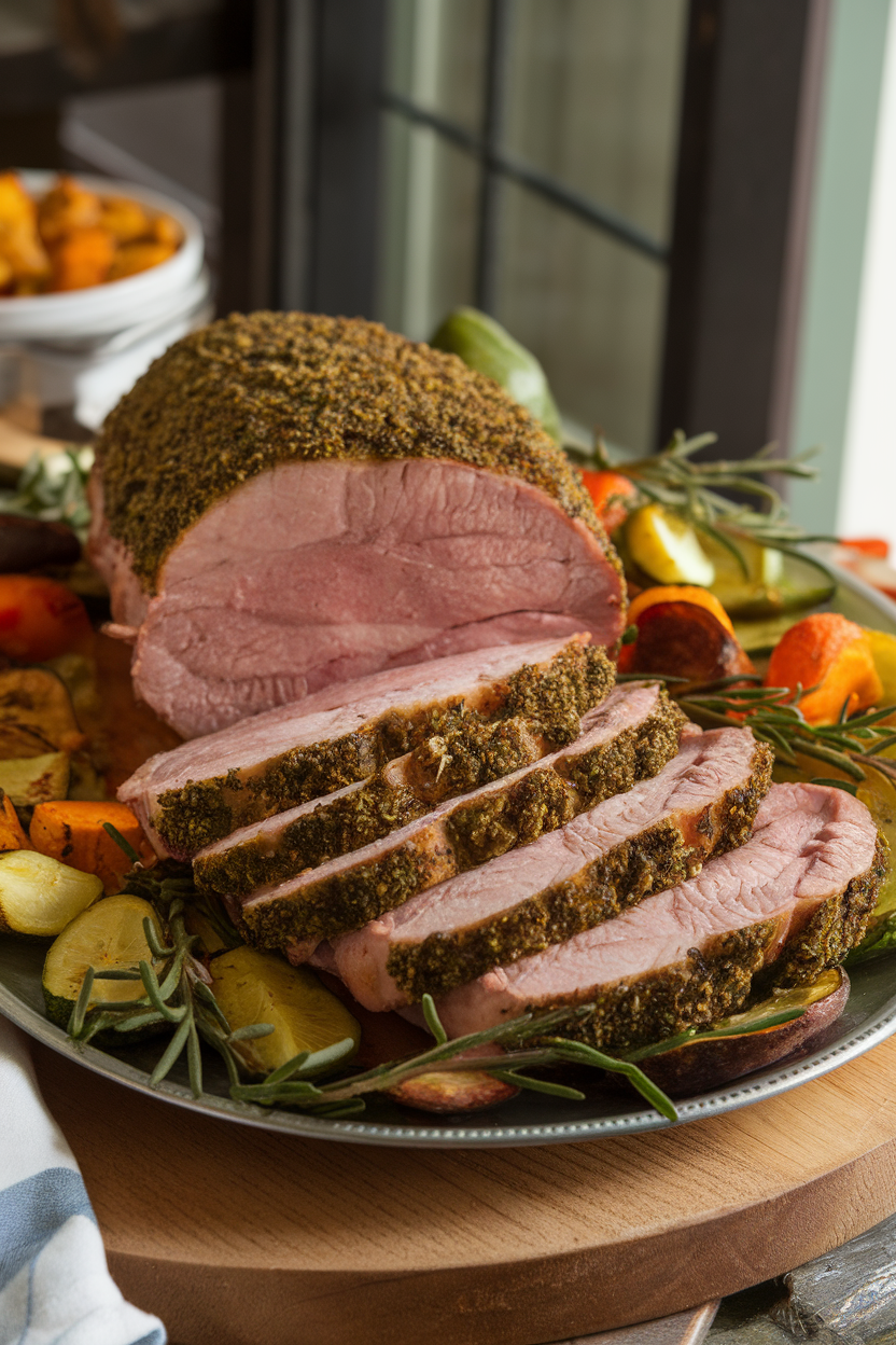 Sliced pork tenderloin with green herb crust arranged on a platter indoors, roasted vegetables in background. No text or logos. Photo only.