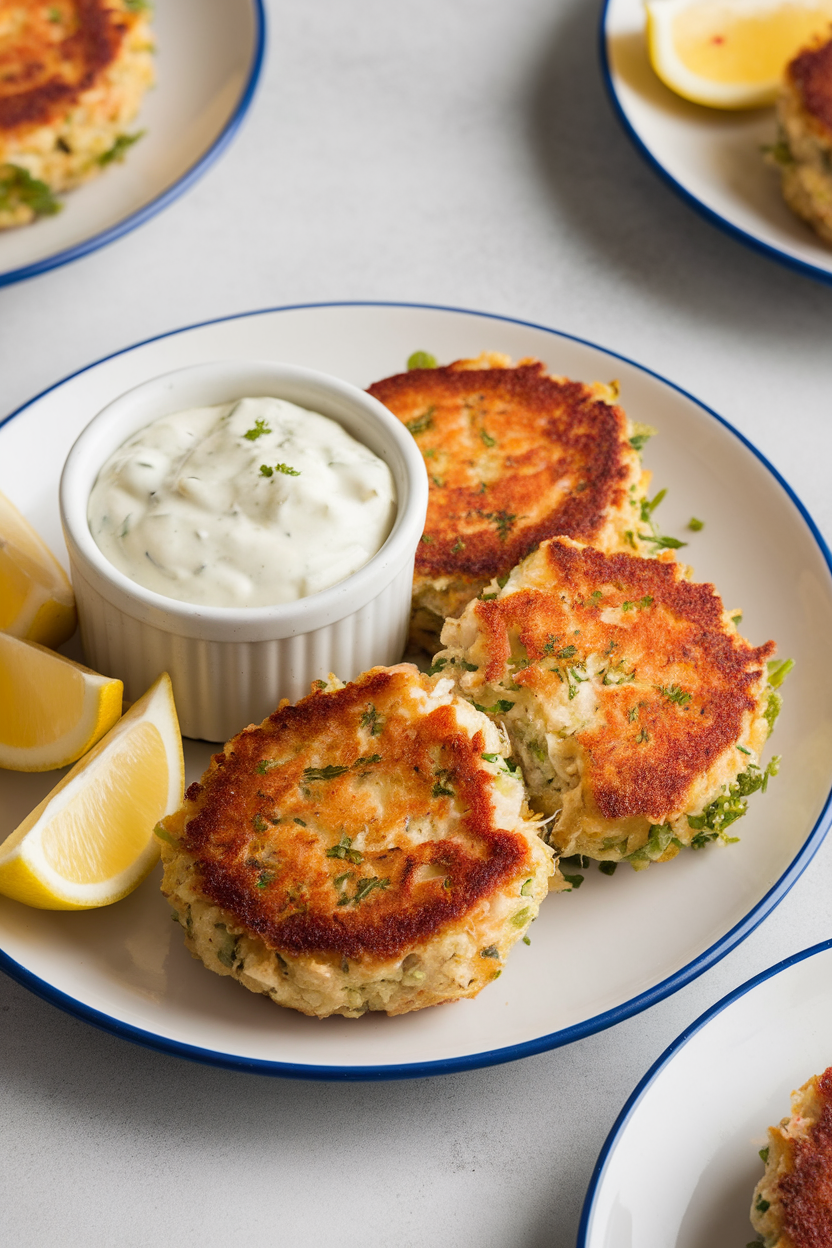 Indoor plate of golden brown crab cakes accompanied by a small ramekin of remoulade sauce, lemon wedges on side; no text or logos