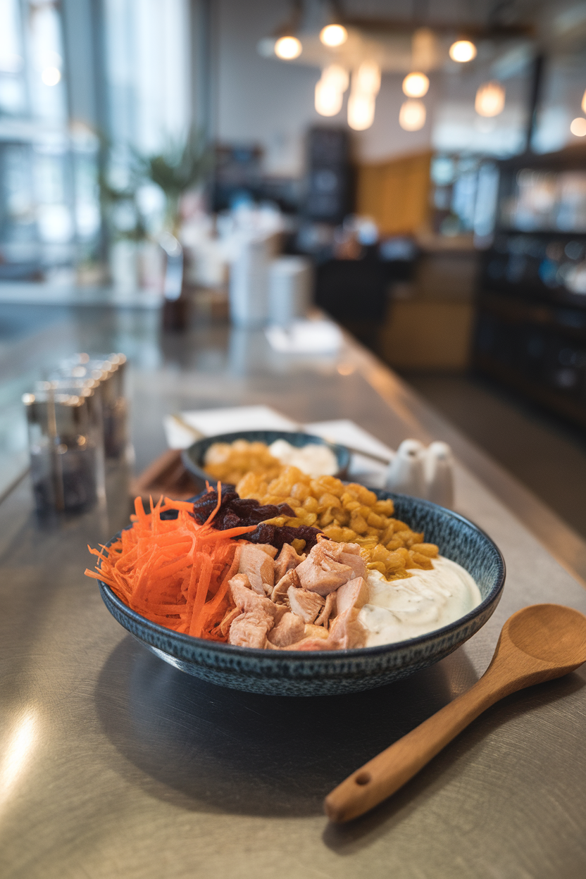 Indoor counter with a bowl of shredded carrots, chicken chunks, golden raisins, and cumin-coriander yogurt dressing — photo, no logos