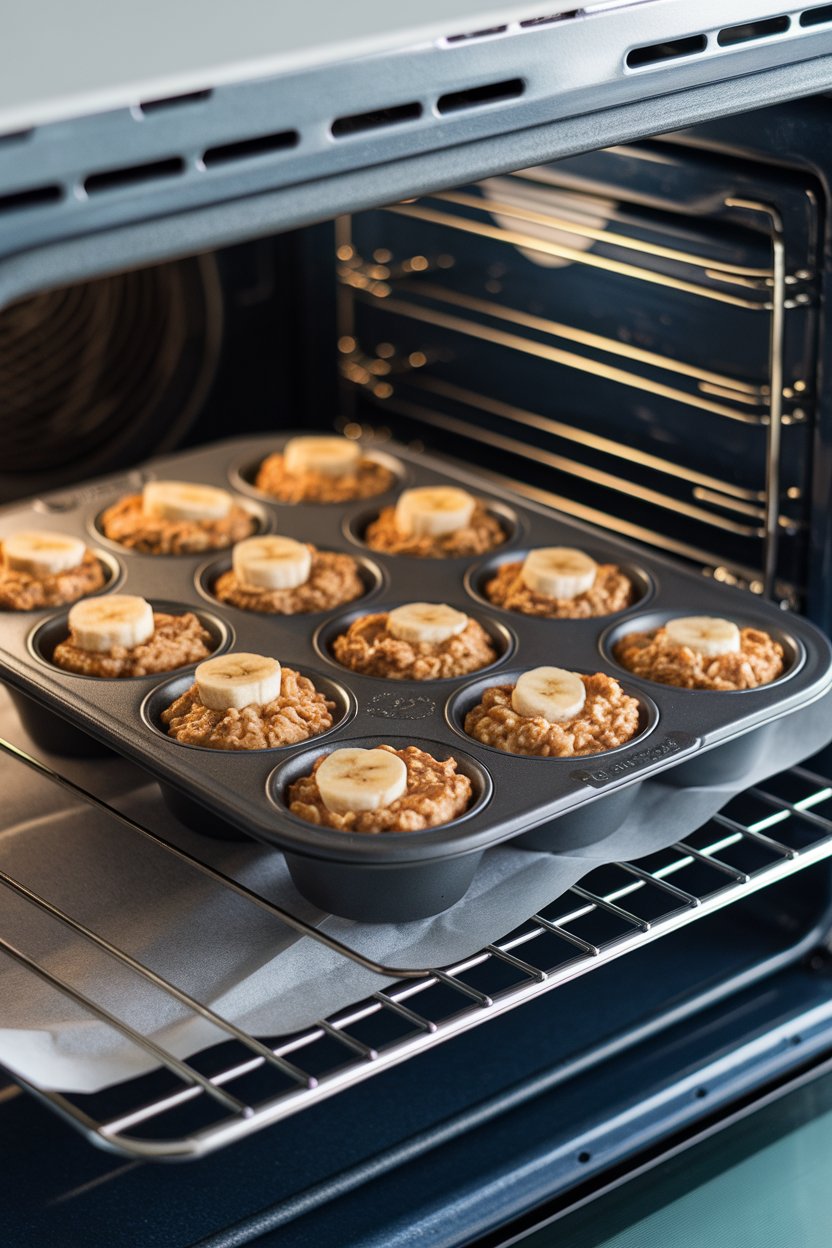 Indoor oven rack scene with a muffin tin filled with golden baked oatmeal cups studded with banana slices. No text or logos. Photo.