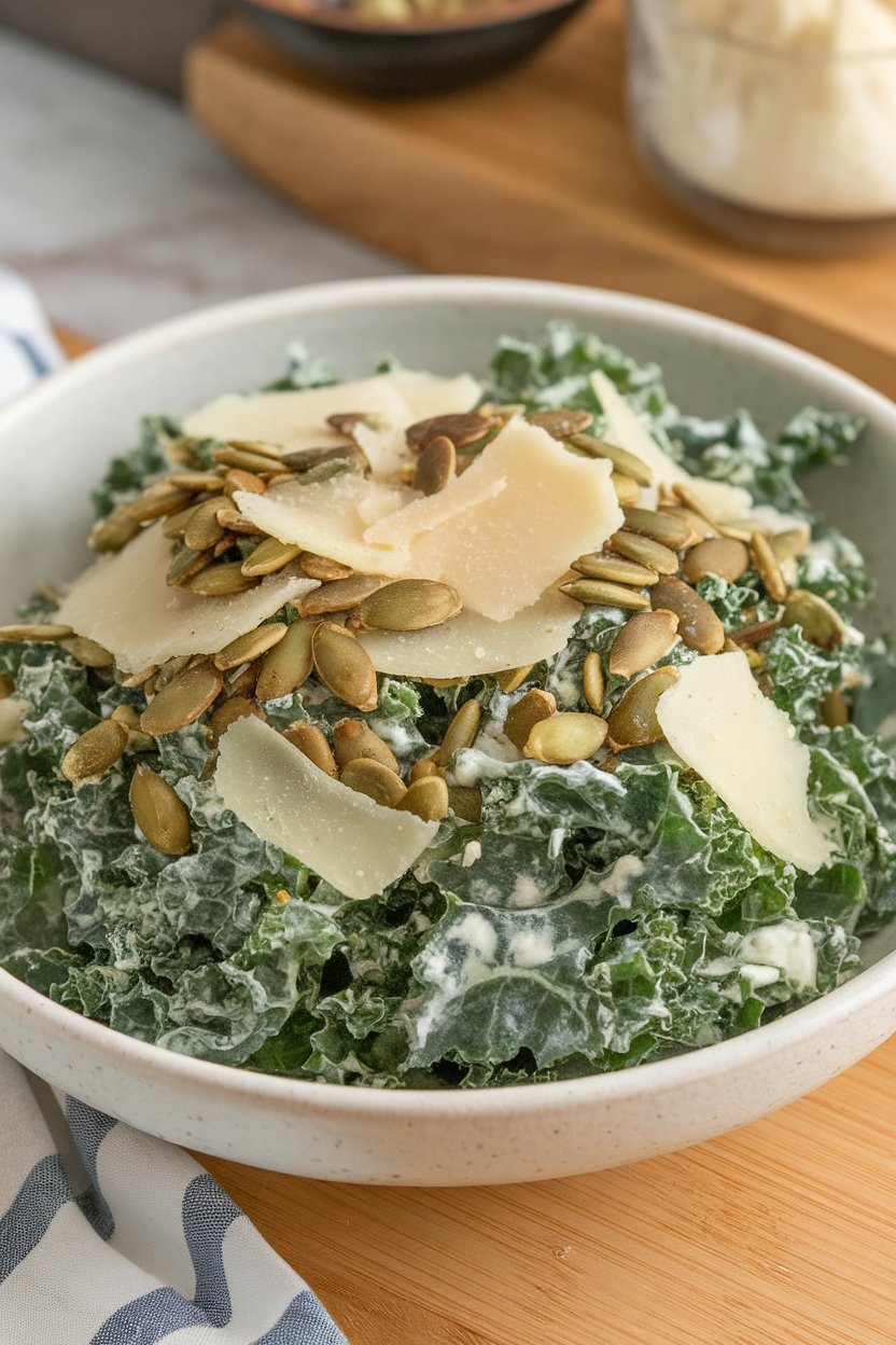 Indoor photo of kale Caesar salad sprinkled with roasted pumpkin seeds and shaved Parmesan, no text or logos