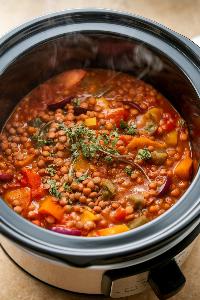 Indoor shot of a slow-cooker filled with hearty vegetable and lentil stew, steam rising gently, no text or logos. Photo.