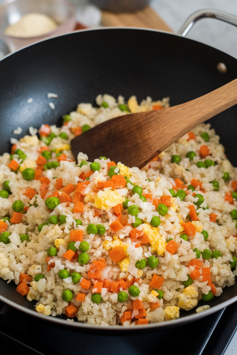 An indoor wok filled with cauliflower rice speckled with peas, carrots, and scrambled egg pieces; a wooden spatula resting on the wok, no text or logos, photo not illustration.