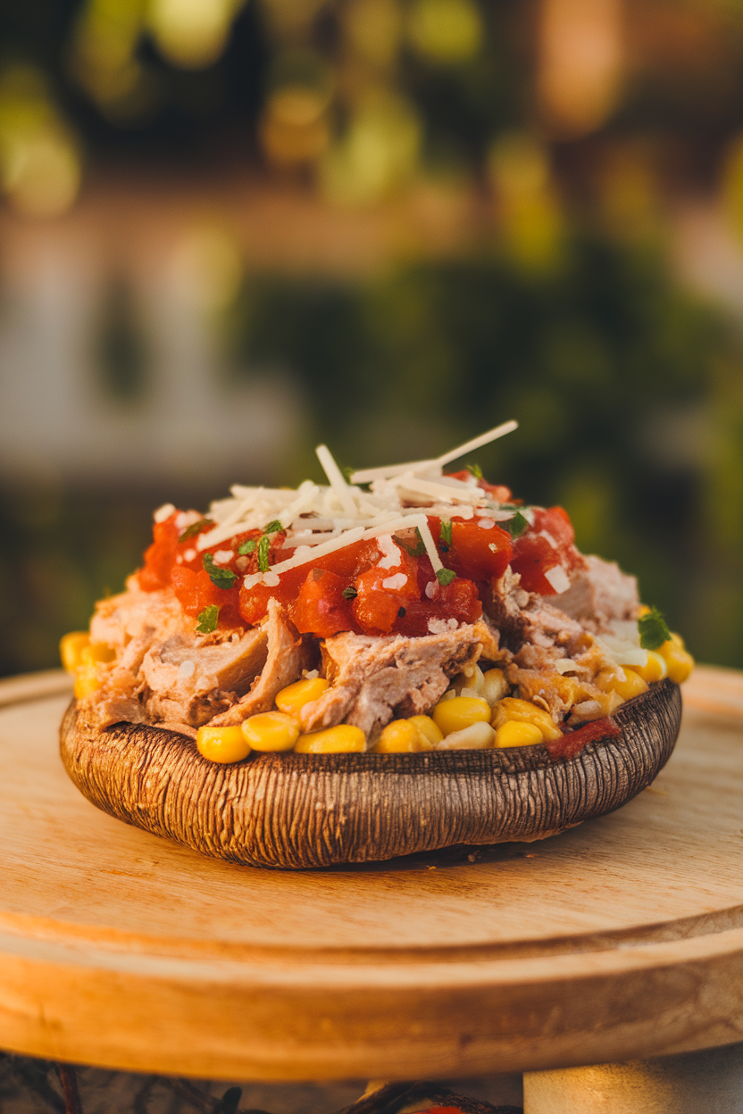 Indoor photo of large portobello caps filled with turkey, corn, and salsa, sprinkled with a touch of cheese, no text or logos.