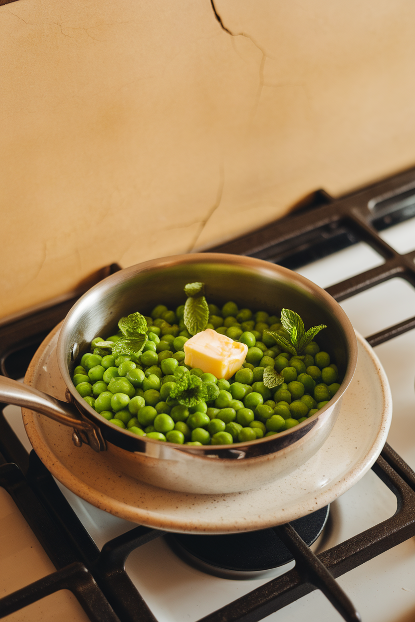 Indoor stovetop photo of bright green peas glistening with butter and scattered mint leaves in a small saucepan. No text or logos.