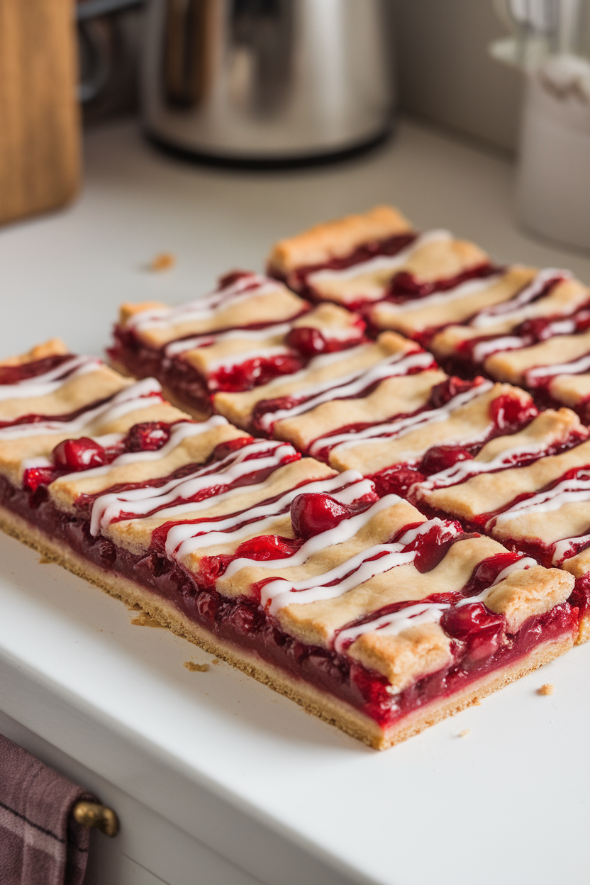 Indoor kitchen counter with cherry pie bars drizzled with simple glaze, ruby filling visible between buttery layers; no text or logos. Photo, not illustration.