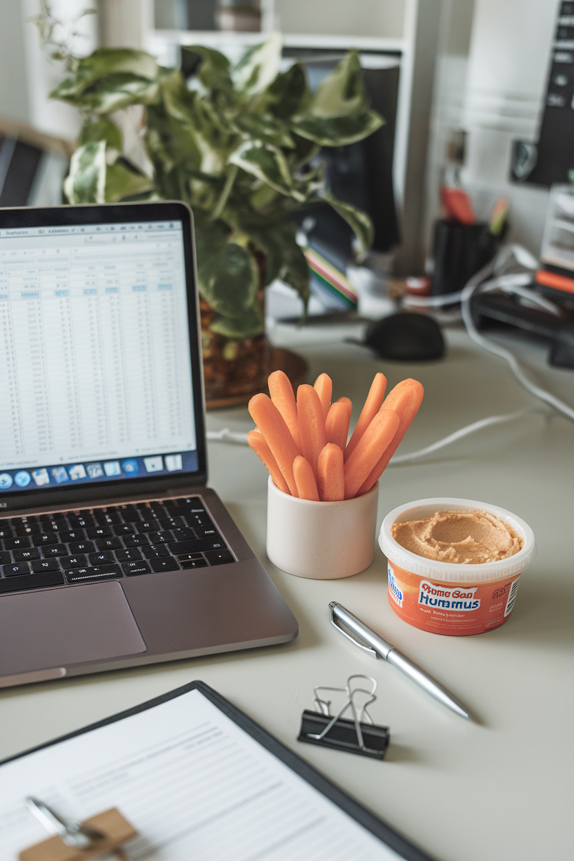 Photo of an indoor office desk featuring a small container of carrot sticks and hummus next to a laptop, no text or logos visible.