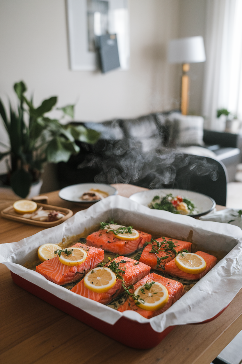 Indoor dining table with a parchment-lined baking dish of cooked salmon fillets topped with lemon slices and fresh herbs, steam faintly rising. No text or logos.