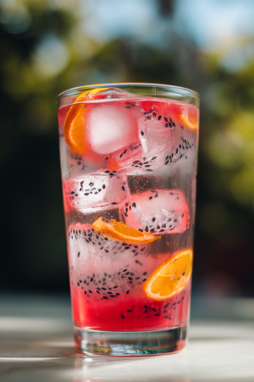 Indoor photo of clear highball showing hot-pink dragon fruit mocktail with floating citrus rounds, ice cubes catching light; no text or logos.