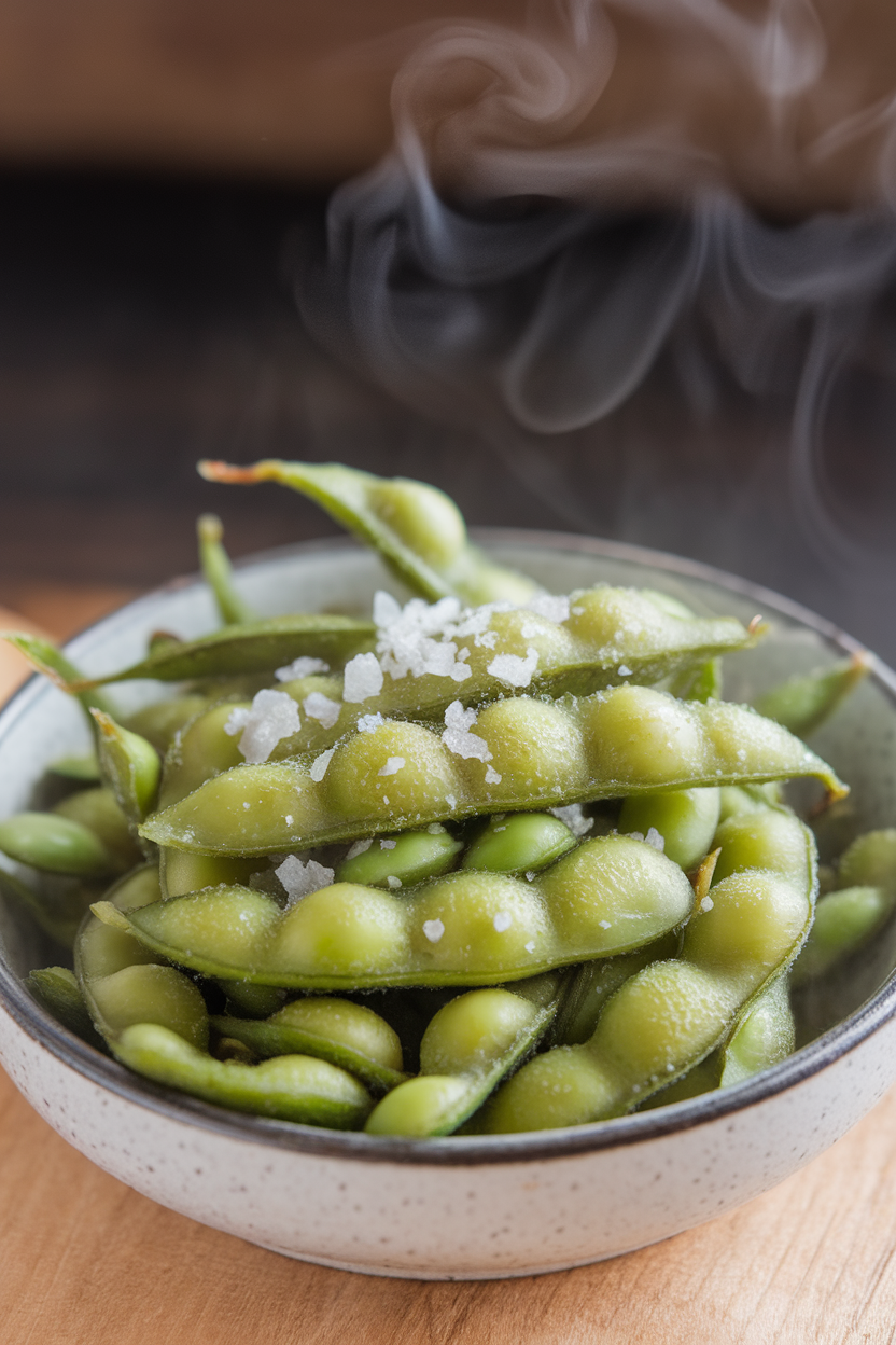 Indoor appetizer bowl of cooked edamame pods sprinkled lightly with flaky sea salt, steam rising; no text or logos, photo style.