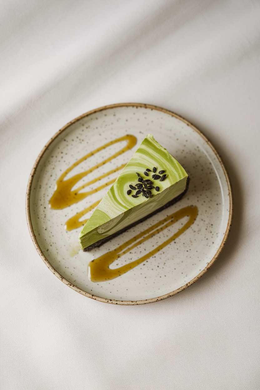 An indoor minimalist plate presenting a slice of marbled green matcha and gray sesame cheesecake on a black sesame crust. No text or logos. Photo, not illustration.
