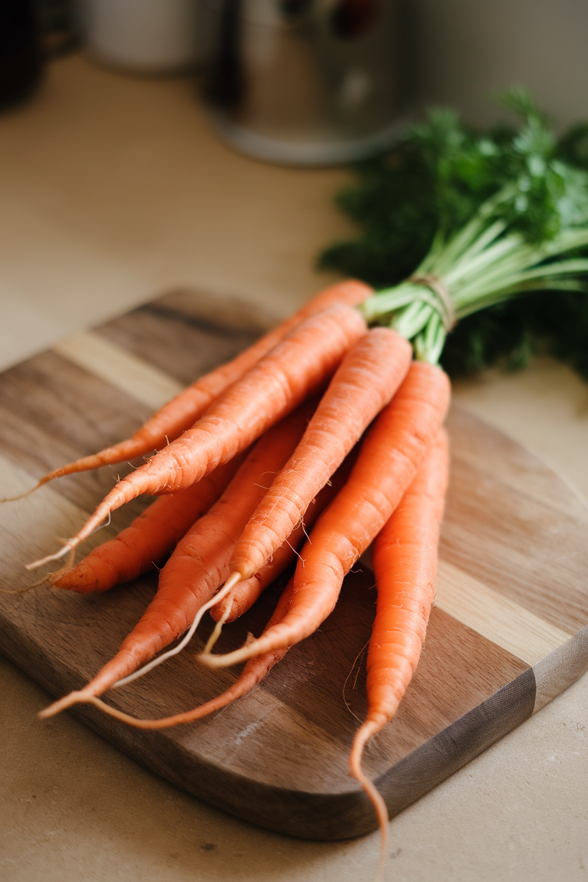 Bundle of whole carrots with tops trimmed, resting on a cutting board, indoor photo, no text or logos