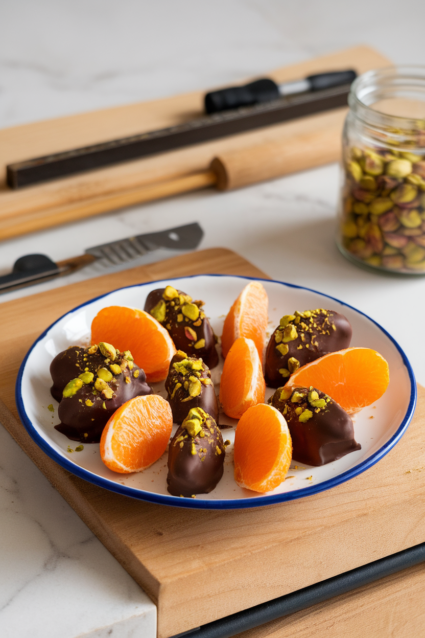 An indoor dessert plate featuring bright mandarin orange wedges half-dipped in dark chocolate and sprinkled with crushed pistachios. Photo, no text or logos.