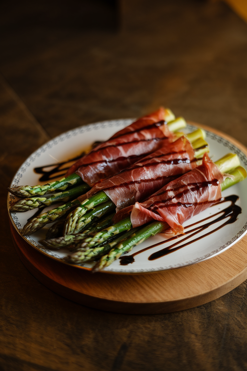 Indoor platter shot of asparagus spears wrapped in crisped prosciutto, drizzled with balsamic glaze under soft warm light; no logos or text