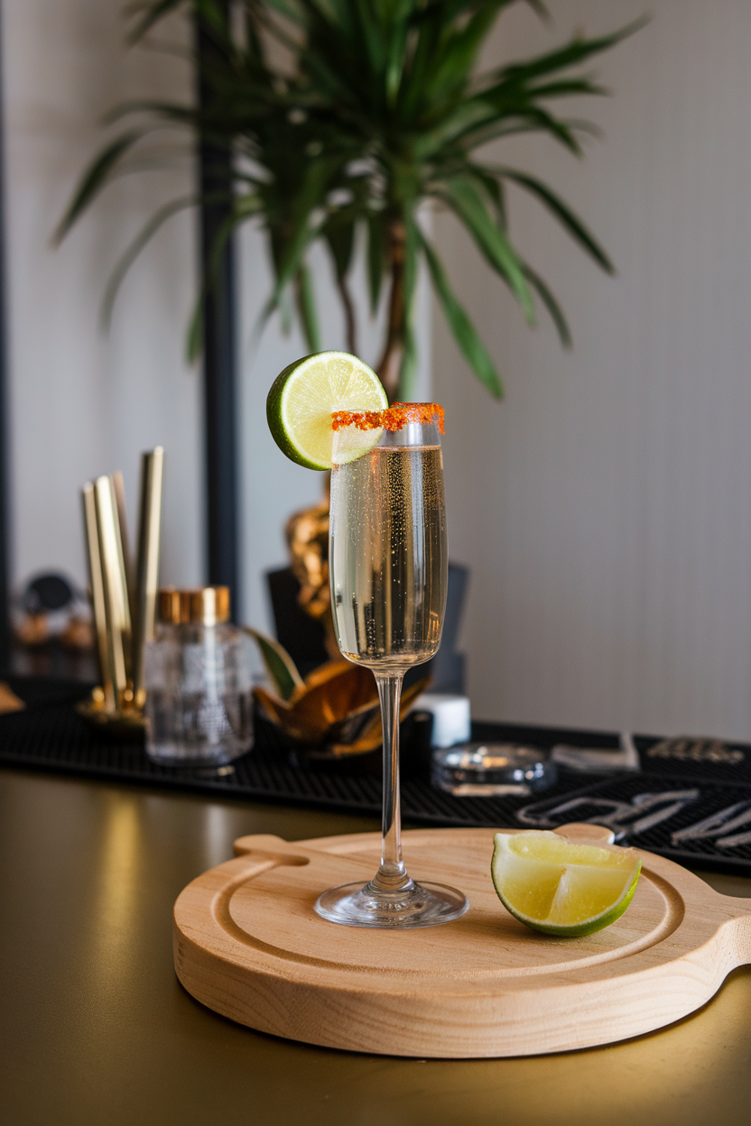 An indoor modern bar showing a flute rimmed with chili-salt, filled with Champagne and a thin wheel of lime submerged. Photo, not illustration. No text or logos.