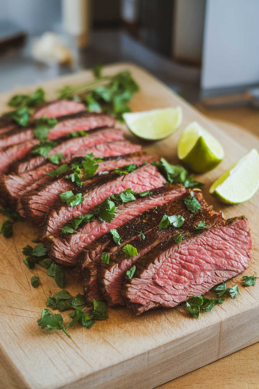 An indoor cutting board with sliced skirt steak showing a rosy center, sprinkled with chopped cilantro and lime wedges. No text or logos present. Photo, not illustration.