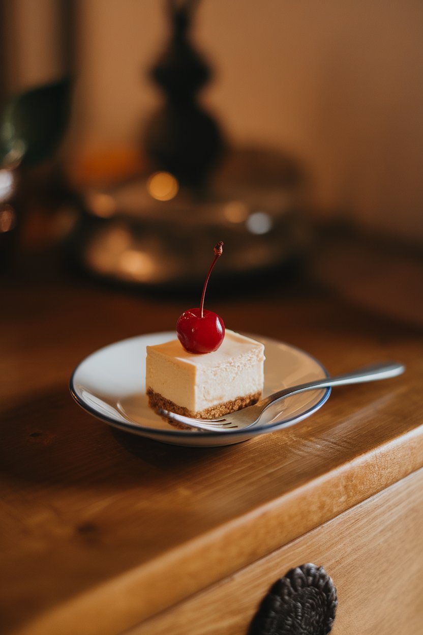 Photo of a small dessert plate indoors holding a single bite-sized cheesecake square with a fork beside it. Warm lighting, no text or logos.